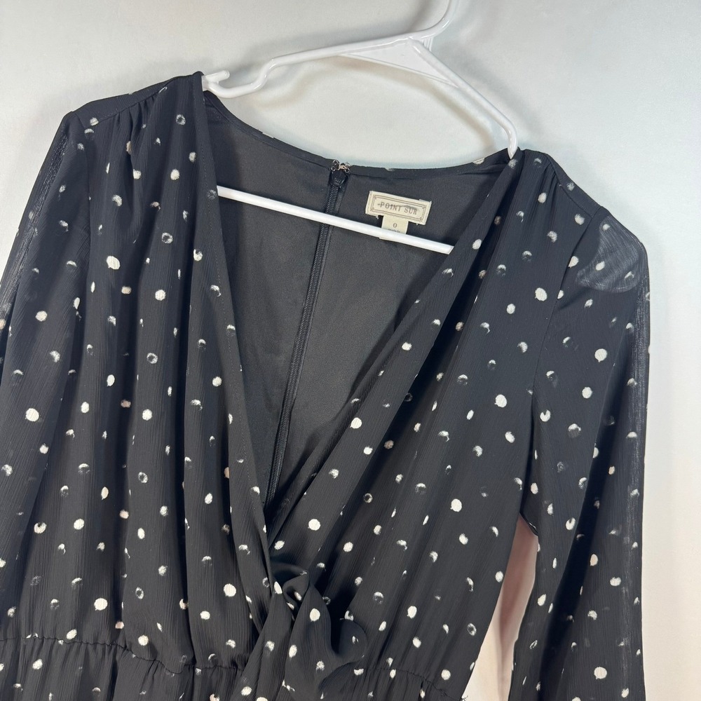 Point Sur J Crew Black White Polka Dot V-Neck Midi Dress Long Sleeve Size 0